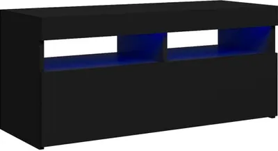 A black TV stand with blue LED lighting.