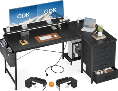 Obrázek produktu pro Stůl ODK ve tvaru L s nabíjecím portem USB a zásuvkou, 4 zásuvky, police na monitor - černý, 160x80x84,7 cm