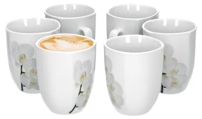 Zdjęcie produktu dla Van Well Vanda zestaw 6 kubków do kawy z białą orchideą, 330 ml, wys. 10,3 cm, kubek do kawy, dekor kwiatowy, porcelana szlachetnej marki