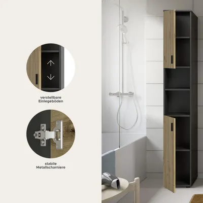 Produktbild von Mone Hochschrank Bad 2 Türen, 2 Regale Eiche Nachbildung, dunkelgrau.