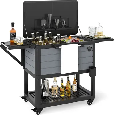 A multi-functional cooler cart with various drinks and accessories, set against a white background.