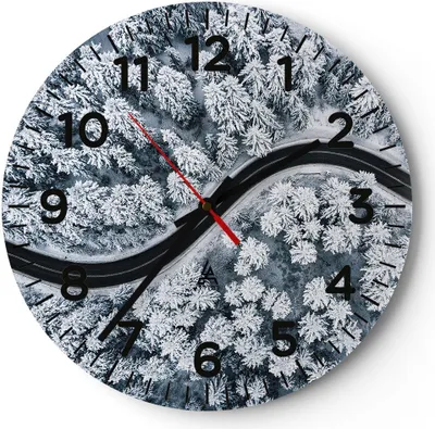 Produktbild von Wanduhr - Rund - Glasuhr - Wald Winter Straße - 40x40cm - Schleichendes Uhrwerk - Lautlos - zum Aufhängen bereit - Dekoration Modern - Wanddekoration aus Glas - C4AR40x40-5010