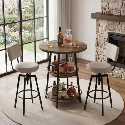 Image de Table de bar ronde - Table haute de bistrot à 3 niveaux - 80 cm de diamètre, 90 cm de hauteur - En bois avec étagères - Style vintage rustique - Marron