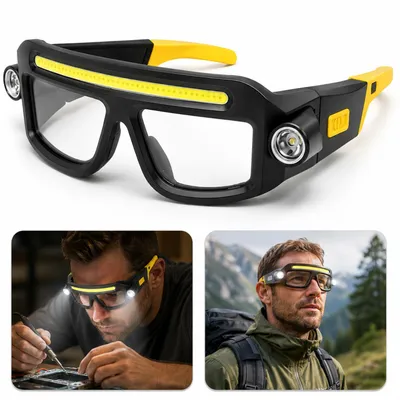 Produktbild von LED Arbeitsbrille mit Licht, USB-C wiederaufladbar, 5 Lichtmodi, COB & XTE LED, freihändige Lichtbrille für Arbeit, Camping & Wandern