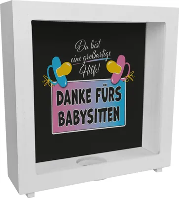 Produktbild von Schnuller Rahmen Spardose aus Holz mit Spruch Großartige Hilfe danke fürs