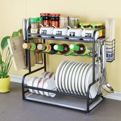 Zdjęcie produktu dla Półka kuchenna do suszenia naczyń - półka na naczynia - organizer do kuchni - z tacką na wodę - 43 x 27 x 46 cm - czarna