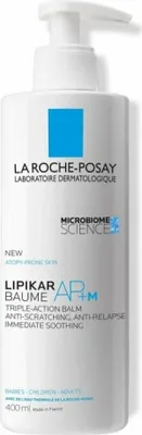 A white pump bottle of La Roche-Posay Lipikar Baume AP+M.