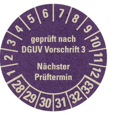 Produktbild von Dreifke® Prüfplakette gepr.n.DGUV Vorschr. 3, NP, 28-33, violett, Graspapier,...