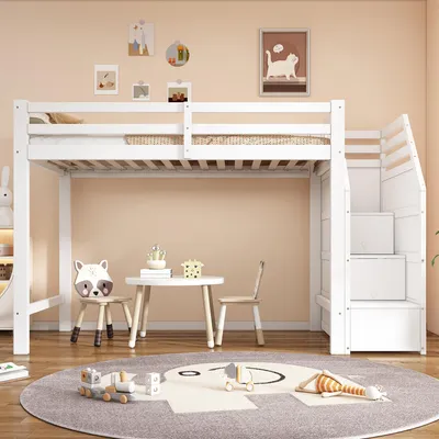 Produktbild von MODFU Hochbett Kinderbett 90x200cm mit Stauraum, Hochbett mit Rausfallschutz, Holzbett Stockbett mit Lattenrost und Geländer(ohne Matratze), Weiß