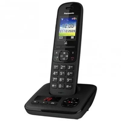 A black Panasonic cordless phone with its charging base, displayed against a white background.