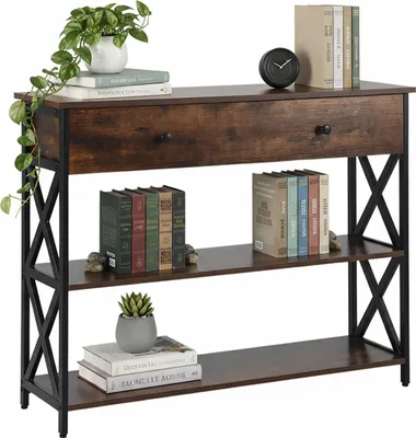 Produktbild von Relaxdays Konsolentisch, Industrial, HBT: 80x100x30 cm, Metall, MDF, schmale Konsole mit Schublade, Flur, braun/schwarz