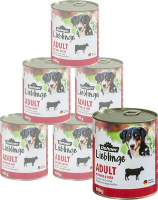 Produktbild von Dehner Lieblinge Hundefutter, Nassfutter getreidefrei / zuckerfrei, für ausgewachsene Hunde, Rind / Herz, 6 x 800 g Dose (4.8 kg)