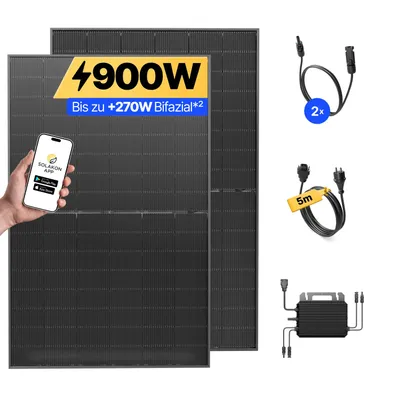 Produktbild von Balkonkraftwerk 900W Solaranlage Steckerfertig Komplettset Photovoltaik Anlage 800W, Kabellänge: 5m, Solakon - onLite
