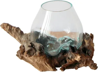 Produktbild von Wogeka - Glas-Vase auf Wurzel-Holz Ø Glas 12-13 cm Teakholz Gamal Glas S