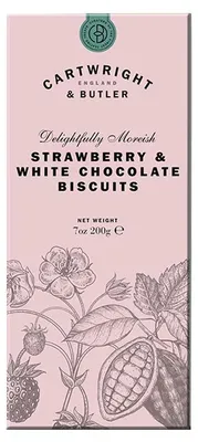 Produktbild von Strawberry and White Chocolate Biscuits, Biscuits mit weißer Schokolade und Erdbeeren, 200 g, Cartwright & Butler, England