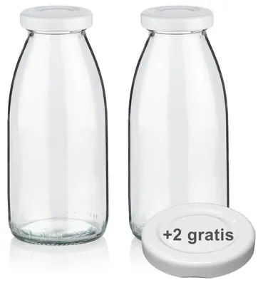 Produktbild von Milchflaschen 0,25L Smoothie Saft Flaschen 250ml leere Glasflaschen Deckel BPA frei, 2 Milchflaschen mit 4 Deckeln