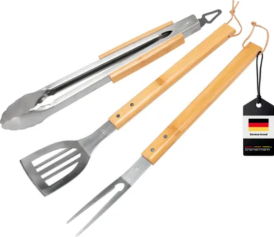 Immagine prodotto di set di 3 posate da barbecue bremermann in acciaio inox con manici in bambù