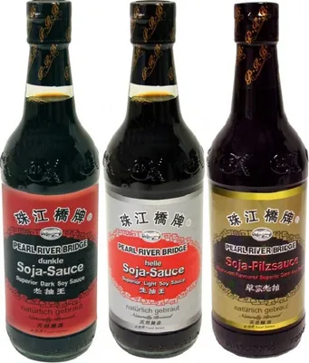Produktbild von 3 verschiedene Pearl River Bridge Sojasauce je 500ml [dunkel, hell, Pilzsauce] Soja-Sauce