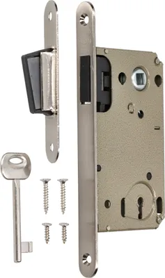 A set of door lock components including a lock mechanism, strike plate, key, and screws, arranged on a white background.