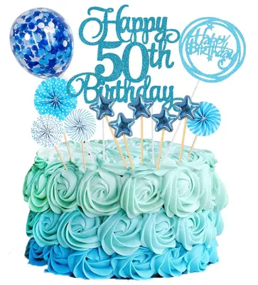 Tortendeko 50. Geburtstag Blau – 12-teiliges Set mit Glitzer