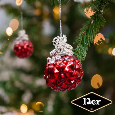Produktbild von Christbaumkugelset, Rund, 12er Set | Glas, Rot, Struktur | H8,0xB5,0cm