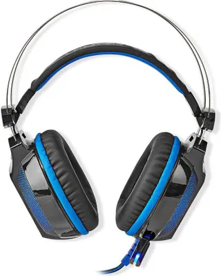 A pair of black and blue over-ear headphones with a silver headband, shown from a top-down perspective against a white background.