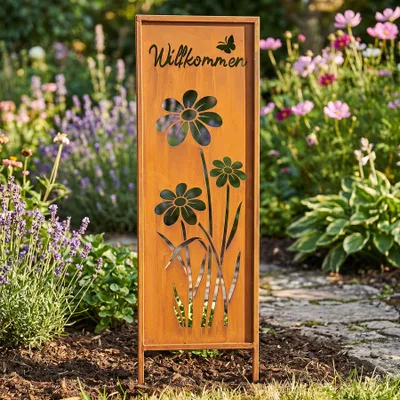 Produktbild von Gartenstecker Willkommen H83cm Stele Rost Rostdeko Braun Schmetterling Garten-Deko Gartenstecker Gartenstele Edelrost Gartenschild Blume