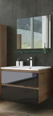 Produktbild von Badmöbel Set Eiche / Schwarz Hochglanz Badezimmermöbel 60 cm