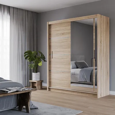 Produktbild von Krudox PRVTA Schwebetürenschrank Sonoma mit Spiegel 180 cm Kleiderschrank mit 2 Kleiderstangen