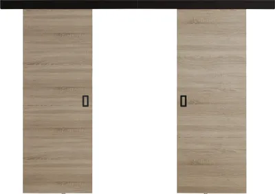 Two sliding doors with wood grain texture and black handles, mounted on a black track.