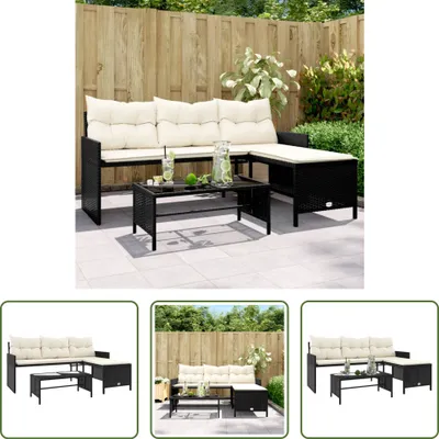 Image de The Living Store Canapé de jardin en L avec table et coussins Noir Poly Rattan