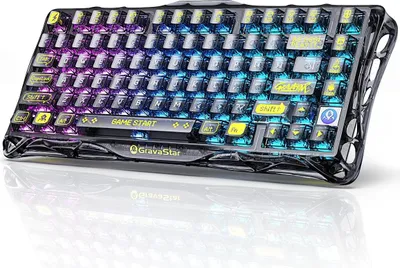 A close-up, slightly angled view of a transparent black mechanical gaming keyboard with RGB lighting.