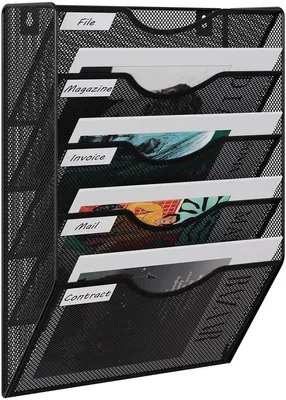 Image de Organisateur mural métallique Ibzoa® pour documents et magazines – 5 compartiments (format A4), revêtement par poudre, couleur noire, support mural robuste pour le bureau et la maison