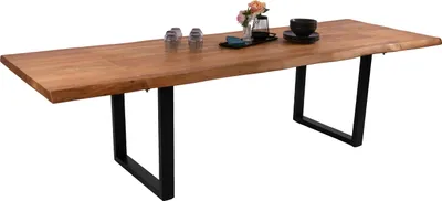 Produktbild von Esstisch Baumkante Akazie natur 160 (260) x 90 cm U-Gestell schwarz mit Ansteckplatten CALI