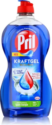 A bottle of Pril Kraftgel Ultra Plus dish soap.