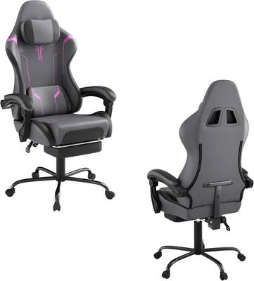 Produktbild von ROSEJANE Ergonomischer Gaming Stuhl mit Fußstütze und Massagefunktion, Gaming-Sessel mit verstellbarer Rückenlehne, Kopf- und Lendenkissen, Armlehnen, Grau Schwarz Violett