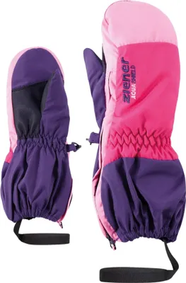A pair of children's ski mittens, one shown from the side and the other from the front.