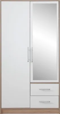 Produktbild von Kleiderschrank 100x190x56 cm SMART SRL3 Schrank 2 Türen 2 Schubladen Spiegel Sonoma Eiche/Weiß