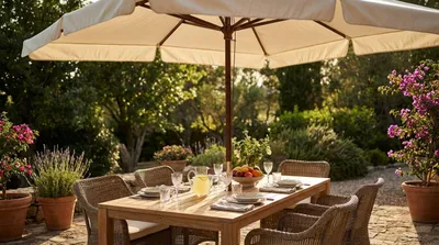 Immagine prodotto di Milani Home - ombrellone da giardino 2 x 3 m palo centrale in legno, telo poliestere ecrù, per terrazzo, bar, ristorante e hotel