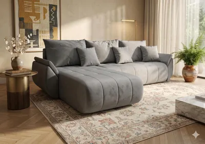 Image de Canapé d’angle SYDNEY gauche gris clair velours Monolith 84 - fonction couchage, coffre de rangement pour la literie