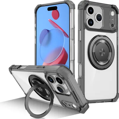 Image de Etui pour iPhone 17 Pro Max anneau magnétique, support, compatible MagSafe, protection militaire, étui transparent noir