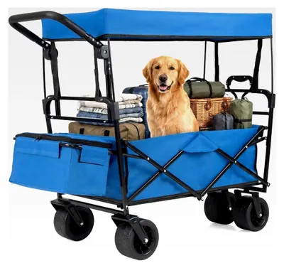Produktbild von Faltbarer Bollerwagen mit Dach, Strandwagen mit verstellbarem Griff und abnehmbarer Aufbewahrungstasche, Handwagen bis 100 kg belastbar, Gartenwagen 100L, Transportwagen für Camping (Blau)