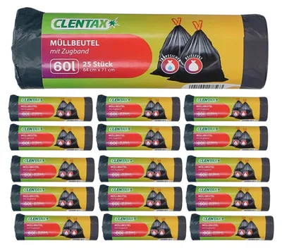 Produktbild von CLENTAX Müllbeutel 60L mit Zugband 16 x 25 St (insg. 400 St) Müllsäcke - Abfallsäcke - reißfest und flüssigkeitsdicht Zugbandbeutel