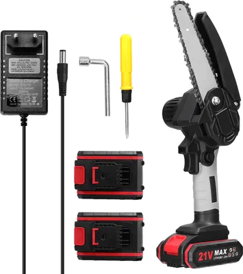 Produktbild von Řetězová pila, 6palcová elektrická řetězová pila 21V, přenosná ruční akumulátorová řetězová pila s 2 x akumulátorem + nabíječkou, motor kartáče pro zahradní prořezávání stromů Řezání dřeva, černá