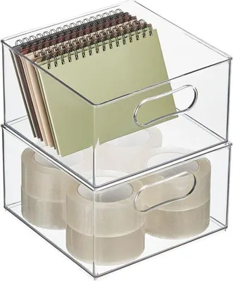 Immagine prodotto di Contenitore in plastica per la sistemazione degli articoli da ufficio – contenitore in plastica trasparente con manici, adatto per cassetti o ripiani – set da 2 pezzi