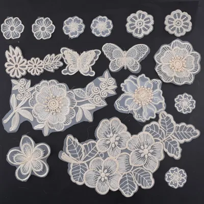 Image de Patch fleur brodé 16 pièces blanc dentelle 3D fleurs patchs à coudre pour femme robe jeans pull vêtements réparation décorations