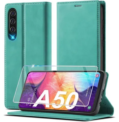 Productafbeelding van Telefoonkoffer van kunstleer, opklapbaar, voor Samsung Galaxy A50/A30s, met beschermfolie, kleur: groen
