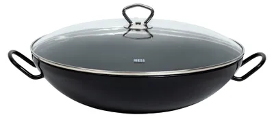 Wok mit Glasdeckel 36 cm, Email, schwarz, 4 Liter, Induktion