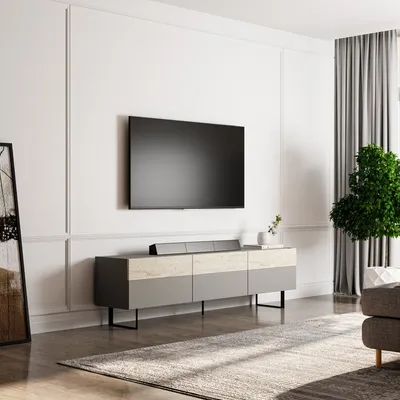 Productafbeelding van Skye Decor, moderne TV-standaard, 180 cm, 49 cm hoog, 37 cm diep | 100% melaminecoating op spaanplaat, 18 mm dik | Wandmontage mogelijk, diverse planken, grijs en travertin.