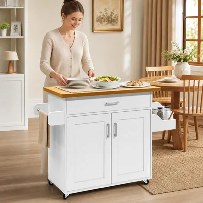 Zdjęcie produktu dla UISEBRT Wózek serwowy kuchenny, 115x36x90 cm, biały. Wózek kuchenny z MDF, wyposażony w szuflady, szafkę i kółka z blokadą. Mobilny, idealny do kuchni i salonu